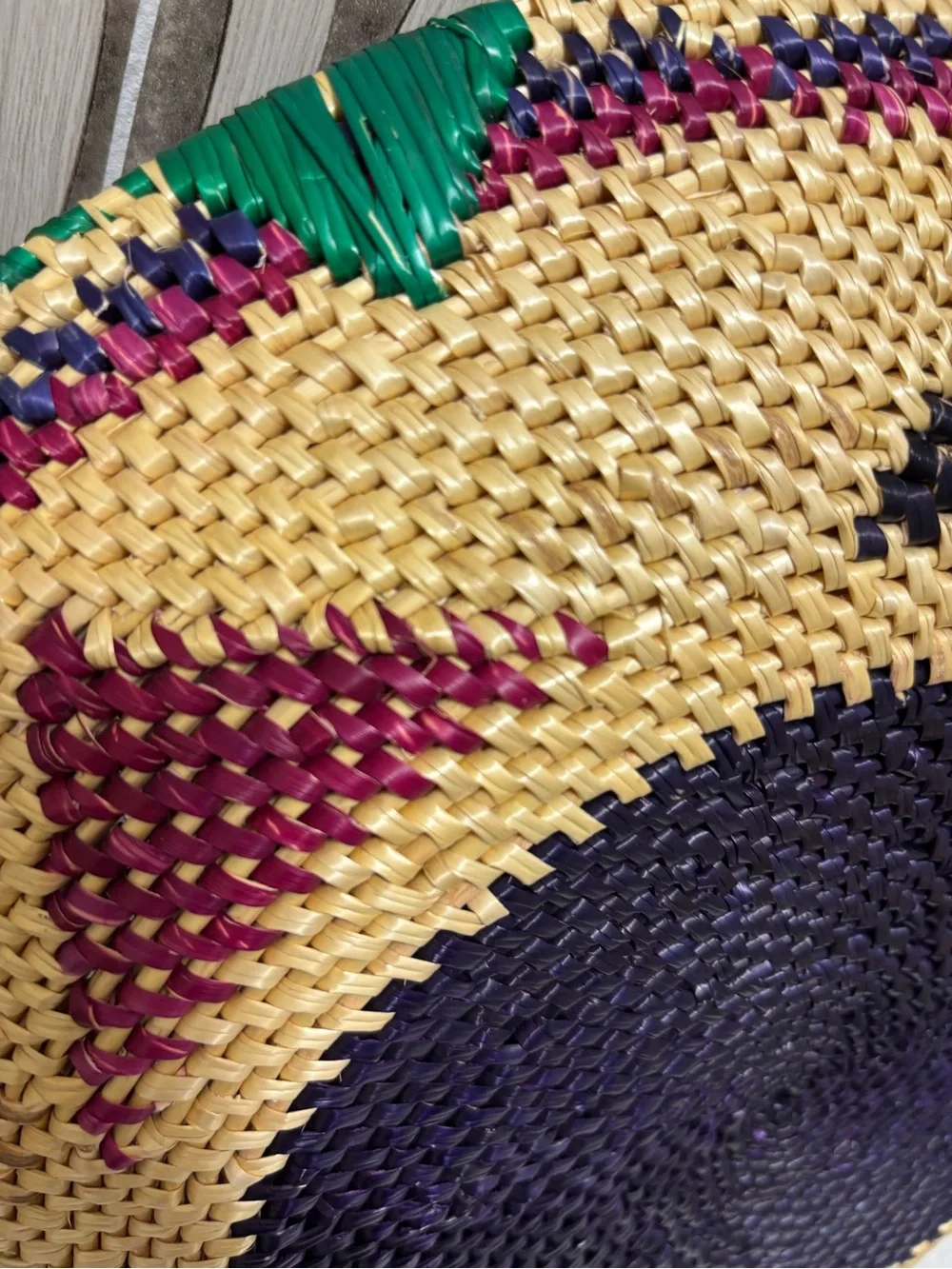 African hand woven colorful wall basket with handles